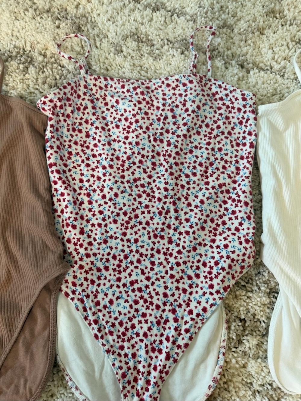 Old Navy White Floral Print Ribbed Bodysuit with Red and Blue Flowers